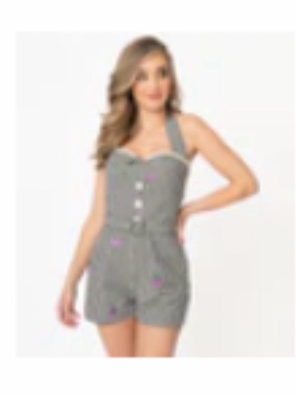 Retro Black & White Gingham romper Embroidered with grapes